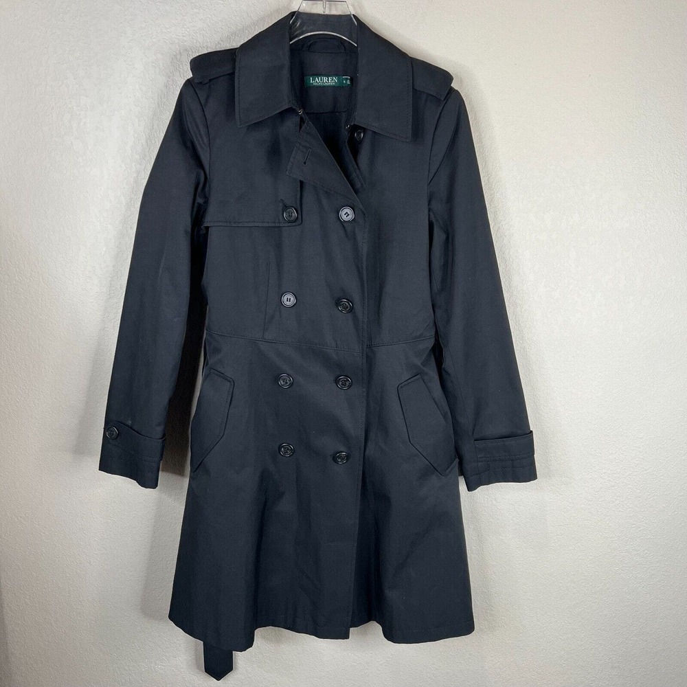 Ralph Lauren Womens Trench Coat Size Small S Black Cotton Belted Double Breasted